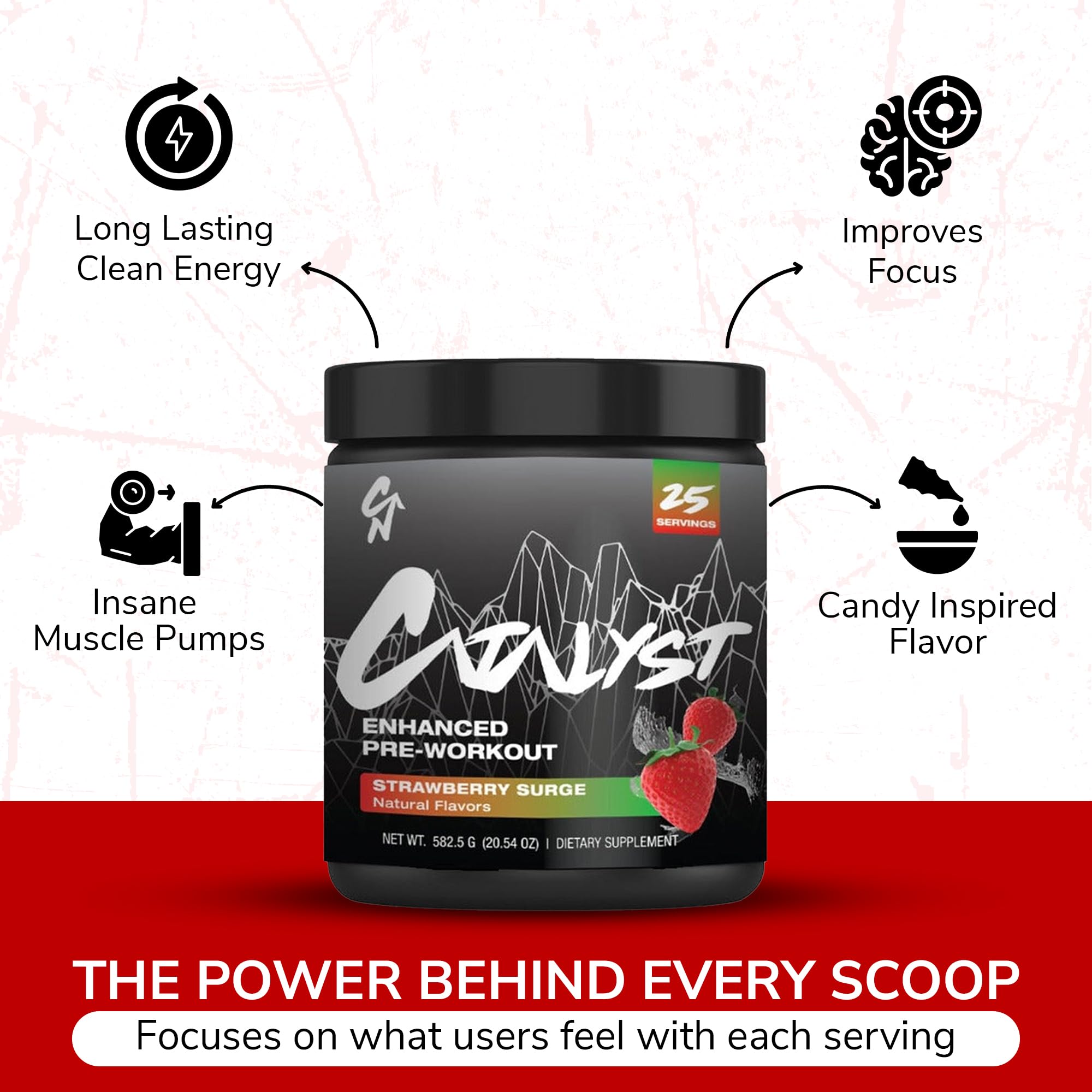 Catalyst Nutrition Enhanced Pre Workout pour shows a vibrant mix ready to energize workouts