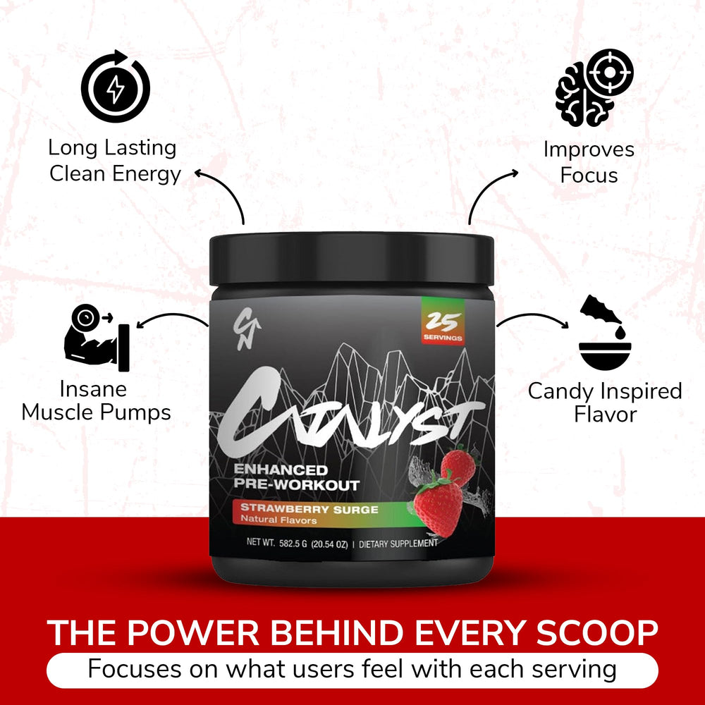 Catalyst Nutrition Enhanced Pre Workout pour shows a vibrant mix ready to energize workouts