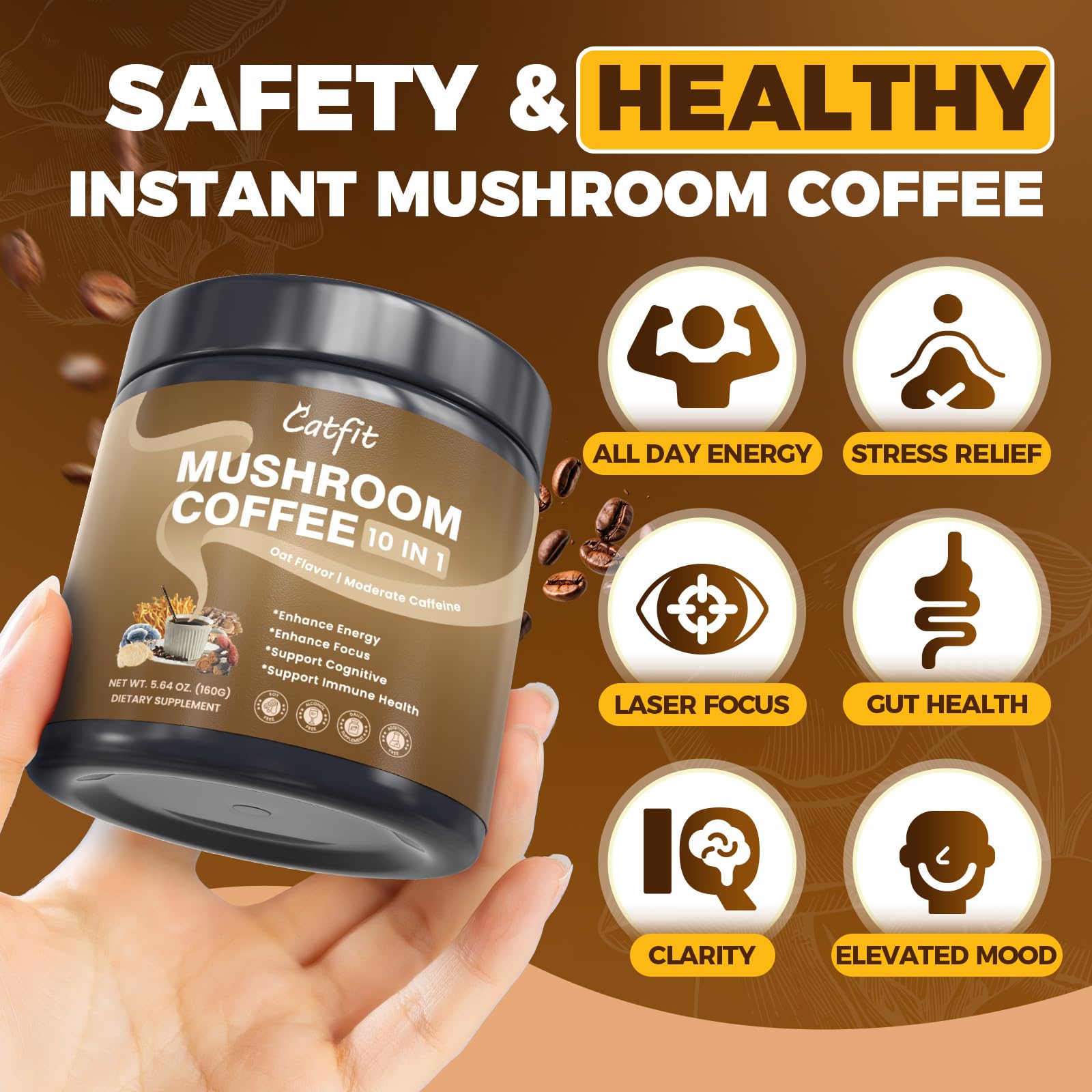 Catfit instant-coffee cup steaming inviting quick energy.