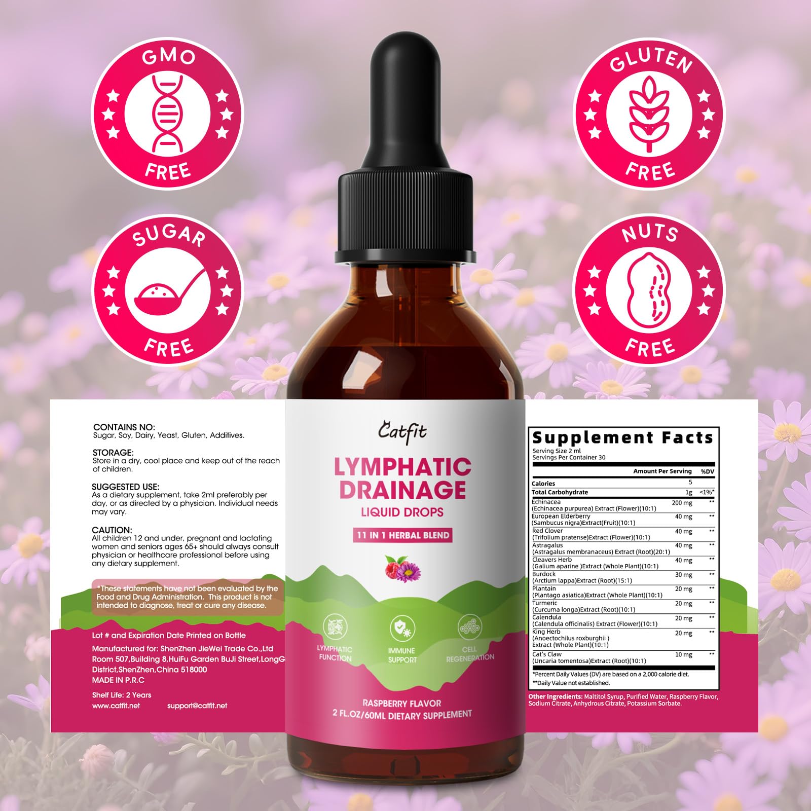 Catfit Lymphatic Drainage Drops poured into a cup showing raspberry color