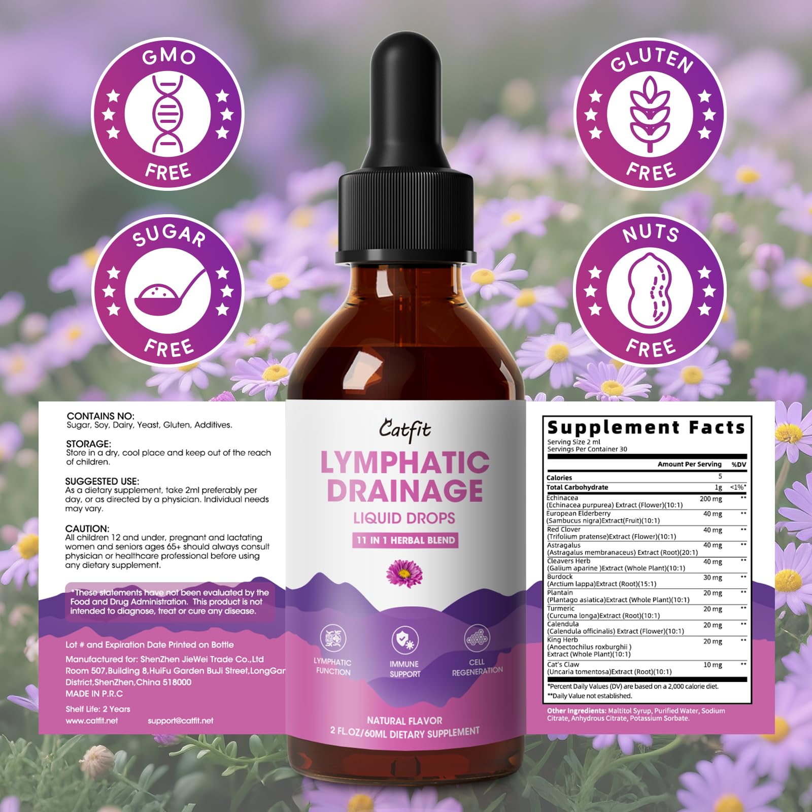 Catfit Lymphatic Drainage Drops natural ingredients assortment