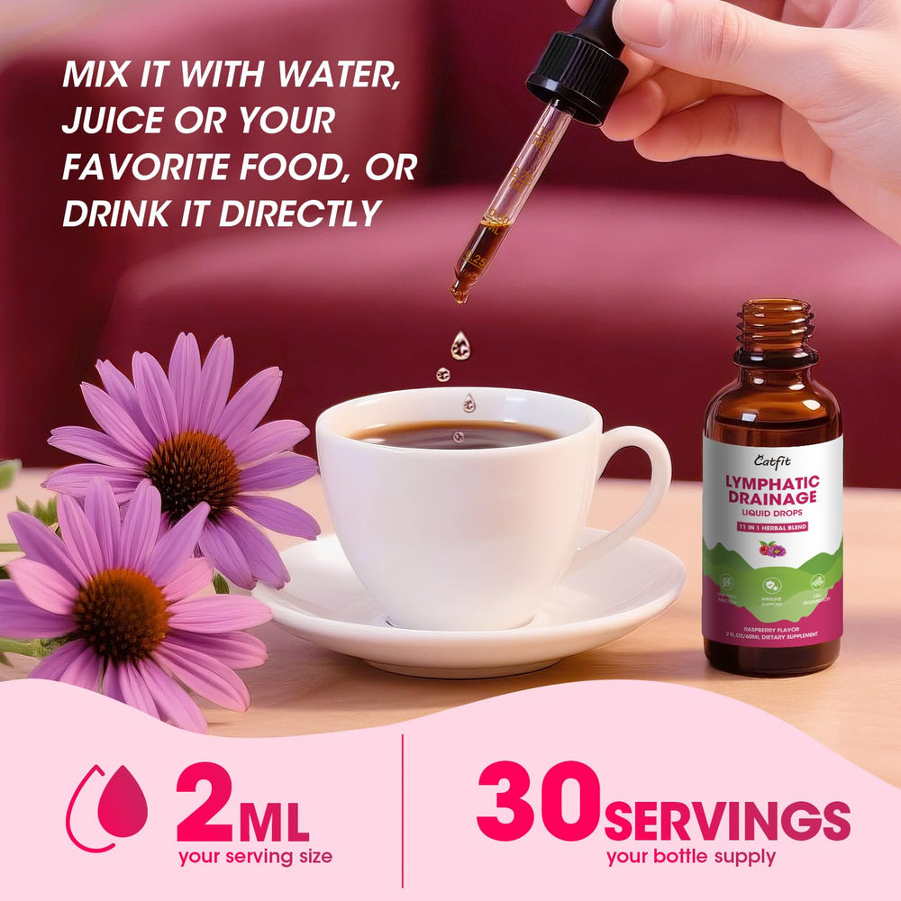 Catfit Lymphatic Drainage Drops setup suggesting daily intake with a glass of water
