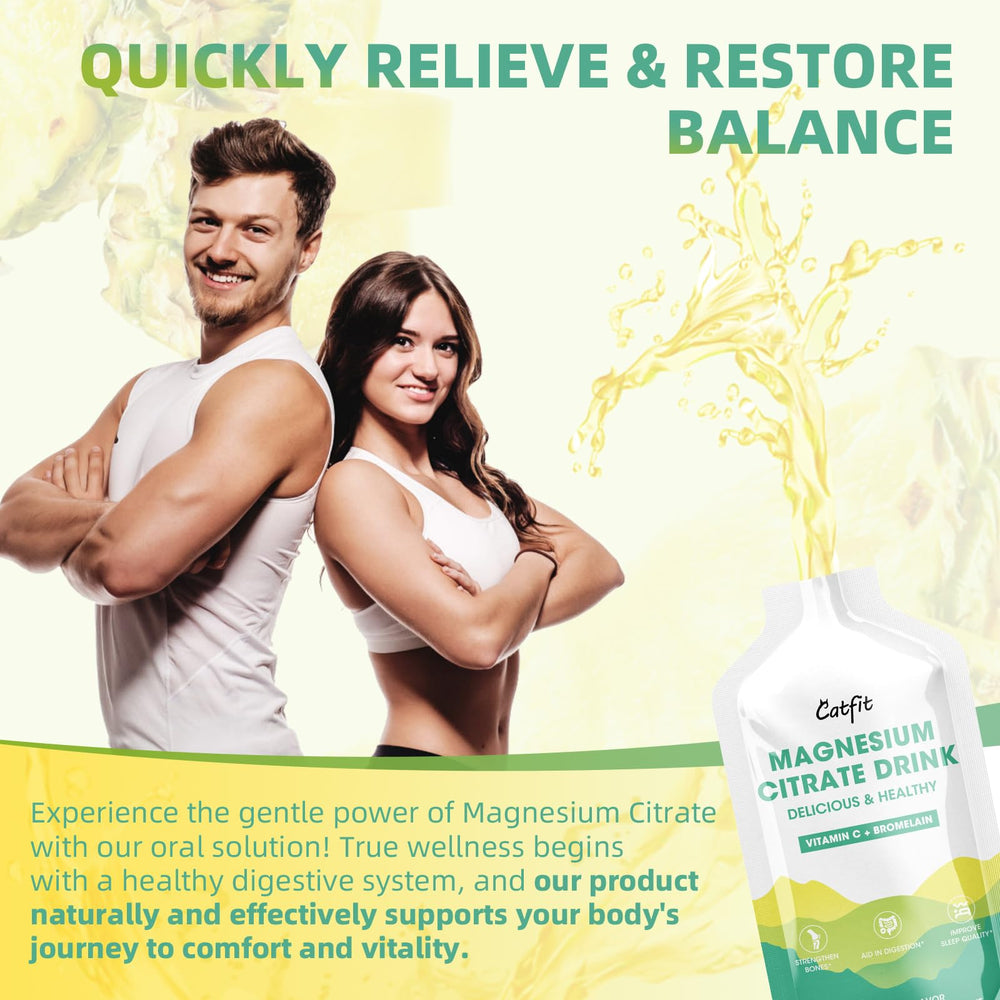 Catfit Magnesium Citrate Liquid dispensing cup suggests simple shake before drinking