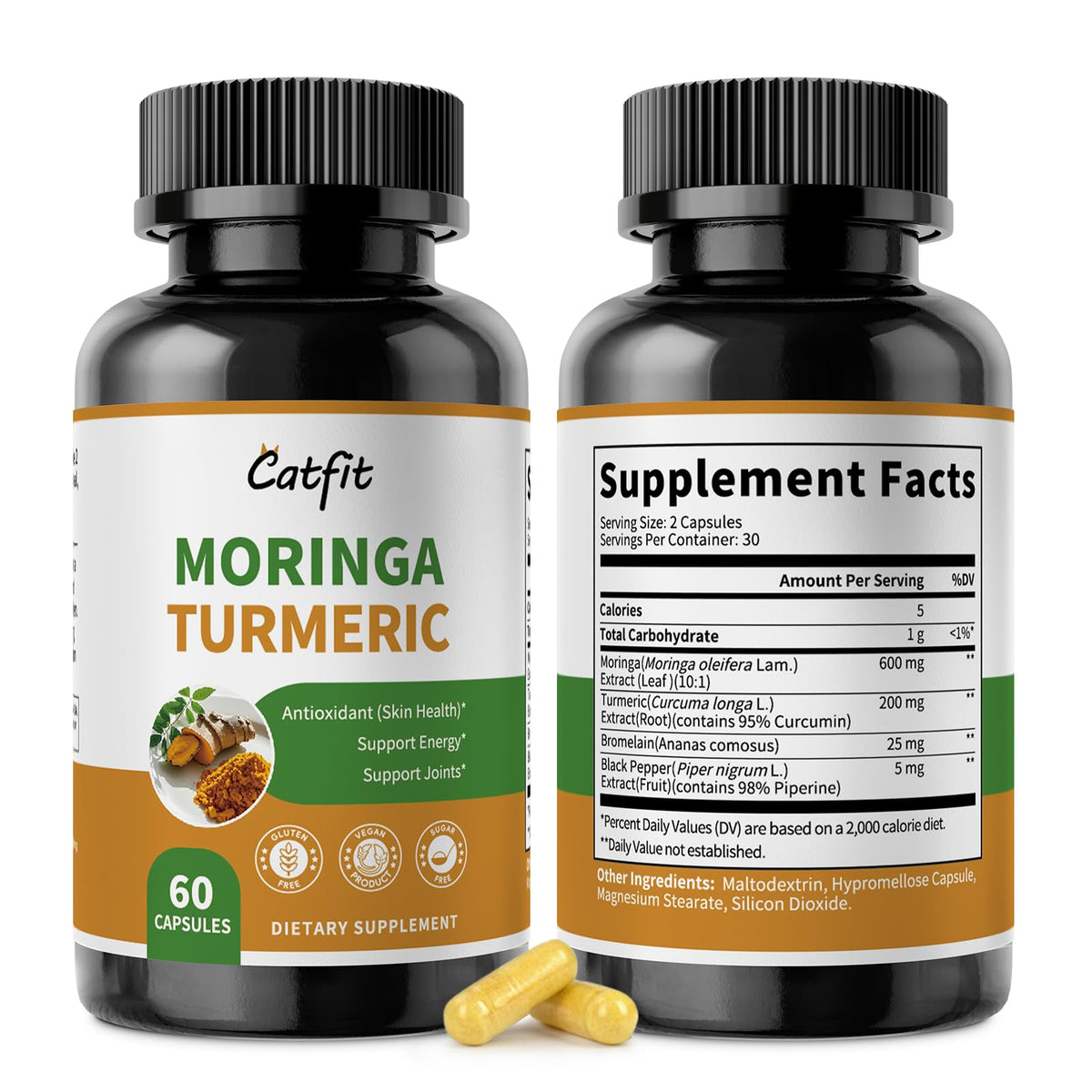 Catfit Moringa Capsules 2-pack bottle for daily plant-based energy.