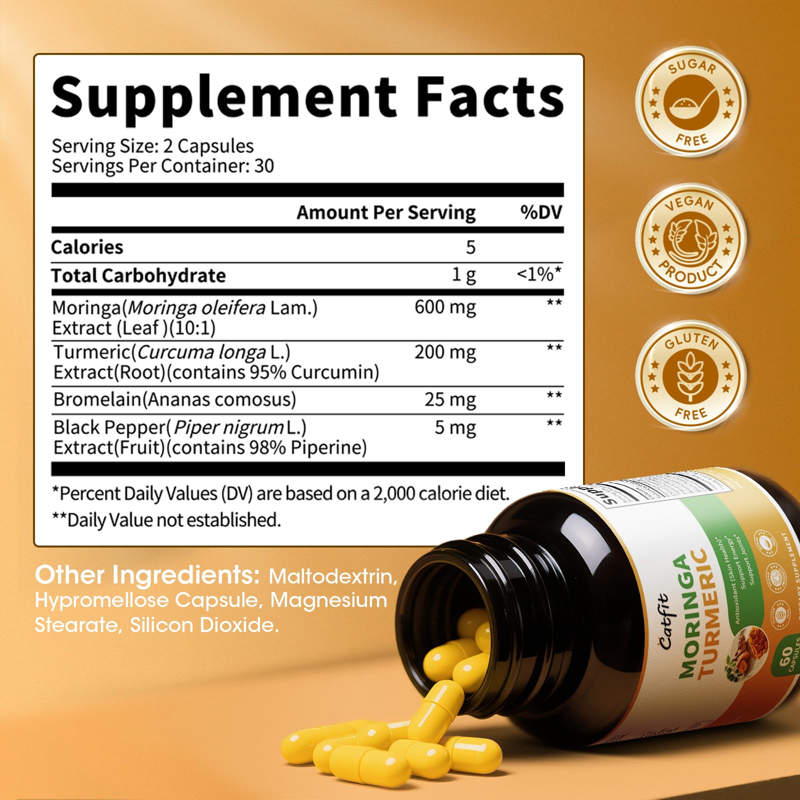 Catfit capsules closeup showing moringa-based wellness formula.
