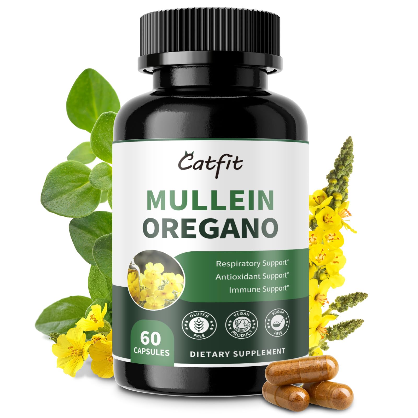 Catfit Mullein Oregano Capsules bottle for daily lung support.