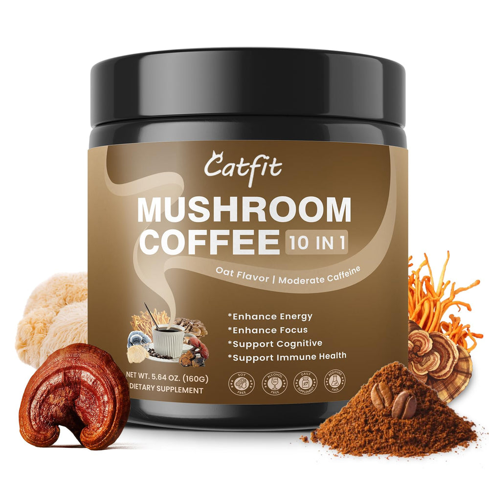 Catfit mushroom coffee jar close-up with steady energy promise.