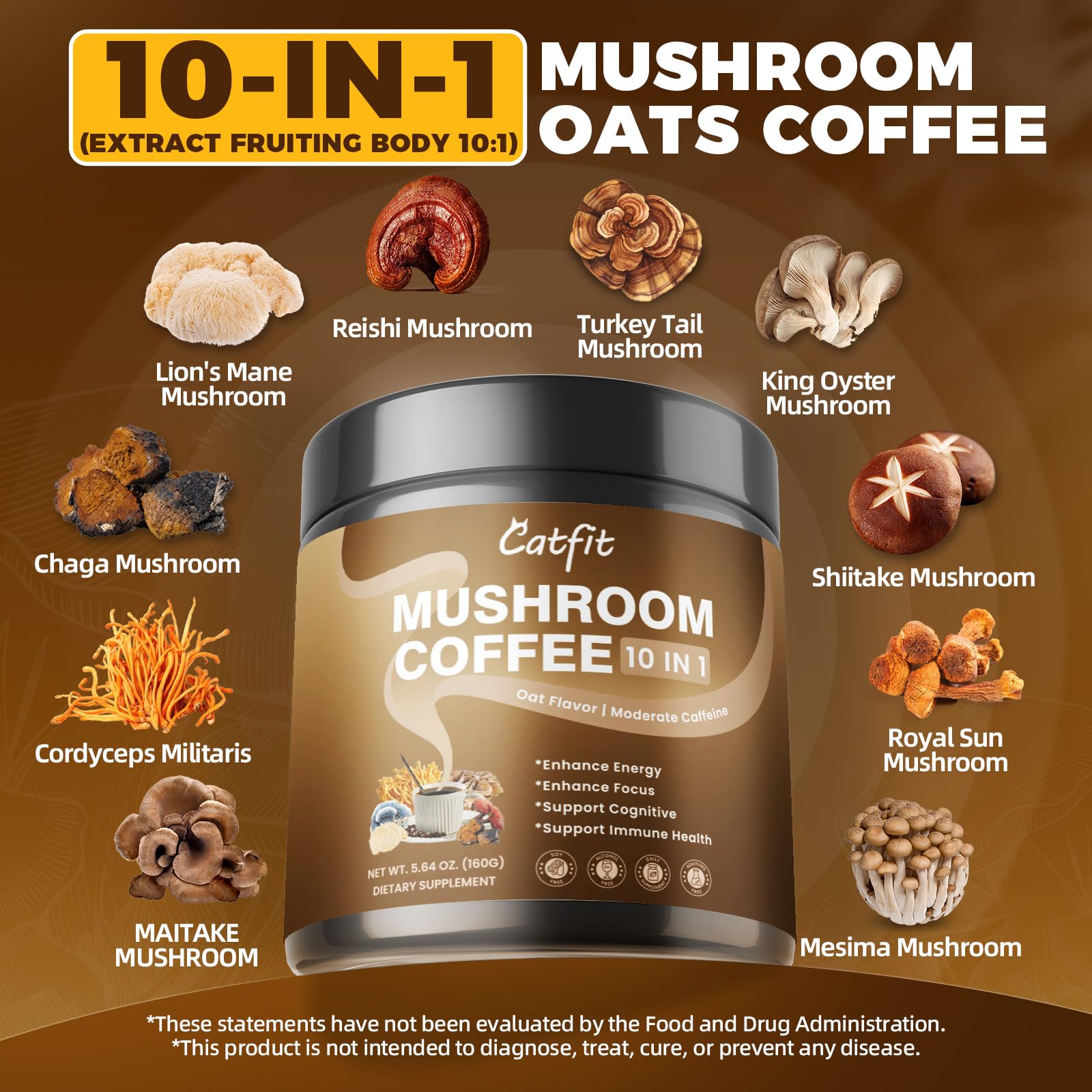 Catfit mushroom coffee powder-dispense highlights creamy oat texture.