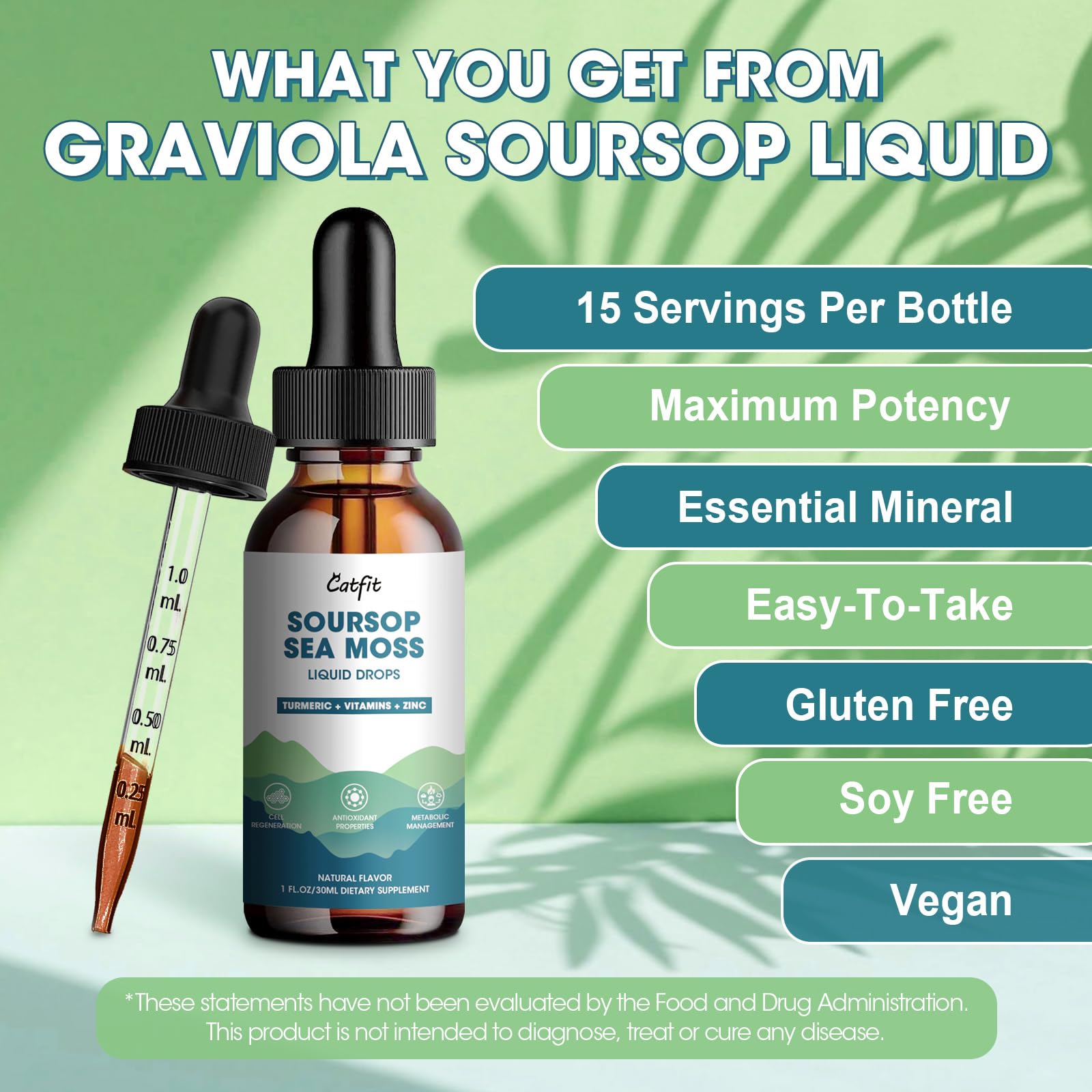Catfit Soursop Liquid Drops ingredients graphic with turmeric and sea moss