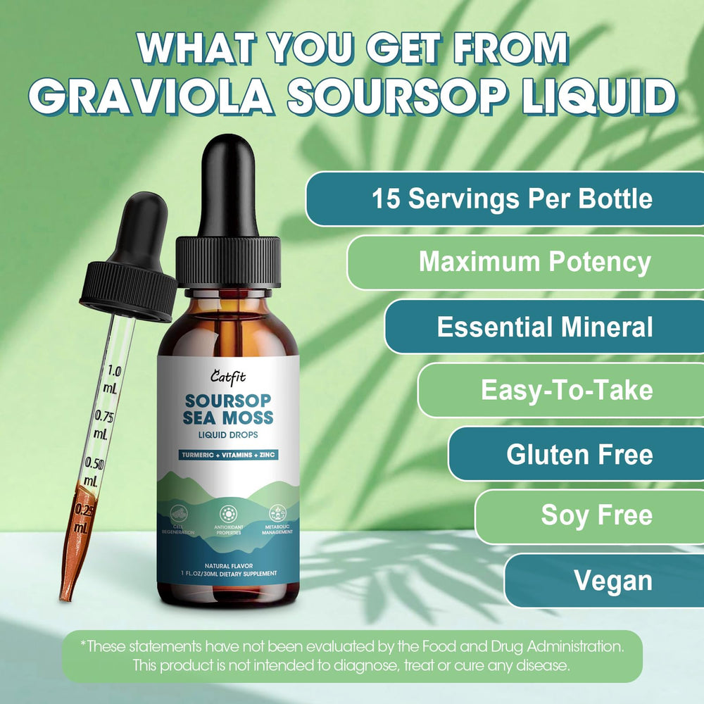 Catfit Soursop Liquid Drops ingredients graphic with turmeric and sea moss