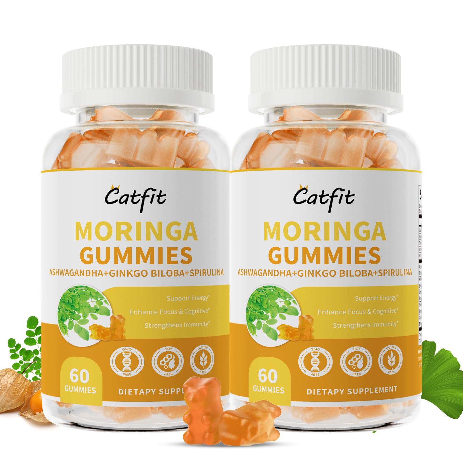Catfit Sugarfree Moringa Gummies orange bottle supports daily energy.