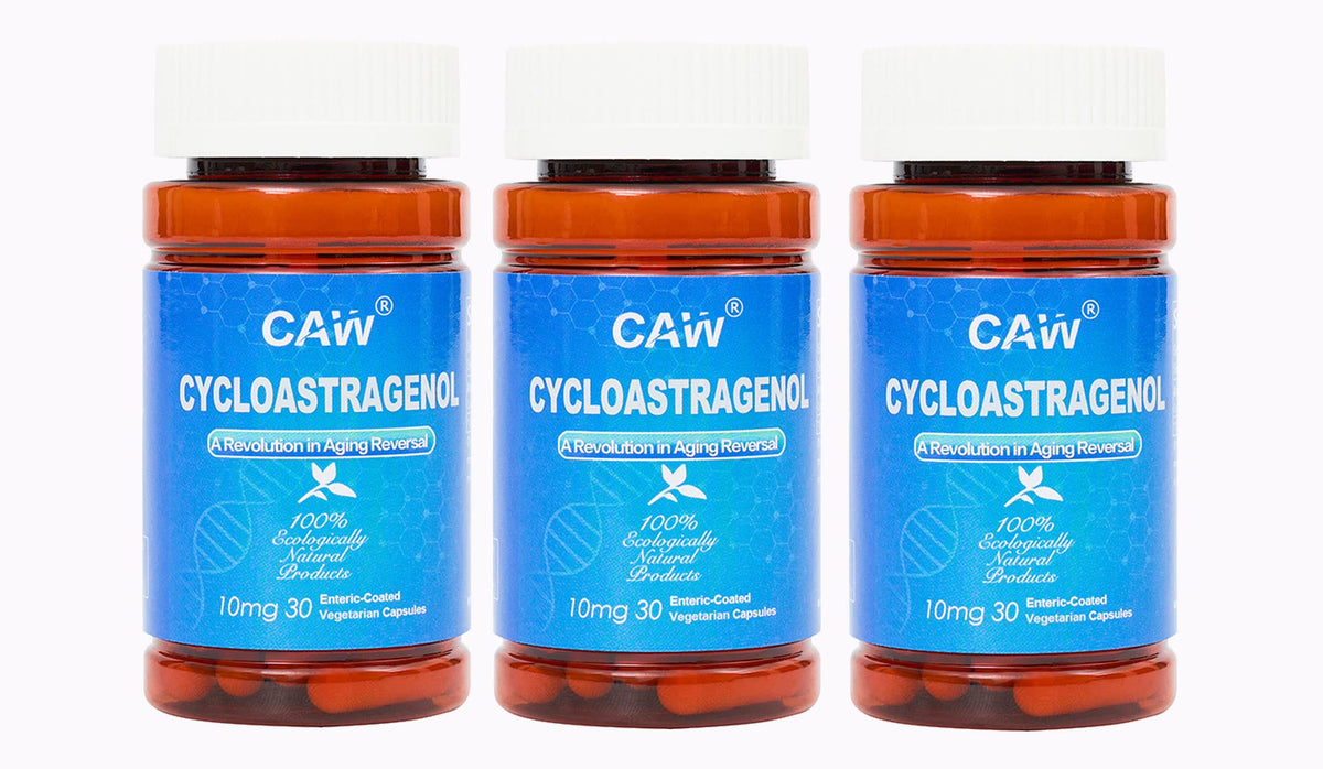 CAW Hypersorption Cycloastragenol bottle with 30 enteric-coated capsules for smooth absorption