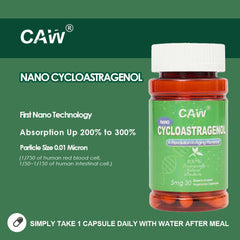 CAW Nano Cycloastragenol capsules illustrate compact enteric design for improved absorption