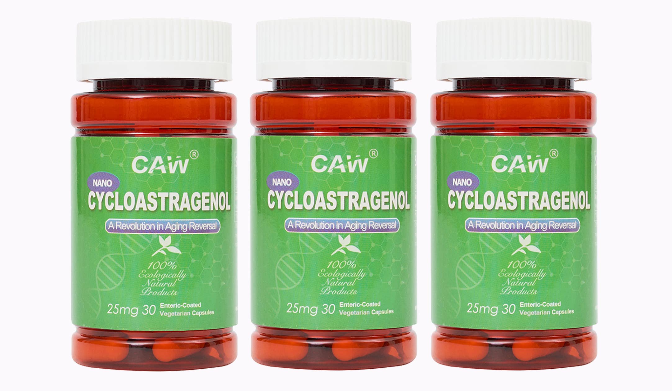 CAW Nano Cycloastragenol capsules in a compact bottle for easy daily use.