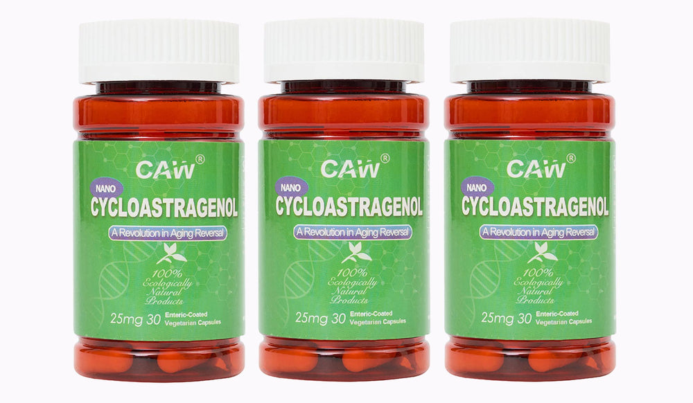 CAW Nano Cycloastragenol capsules in a compact bottle for easy daily use.