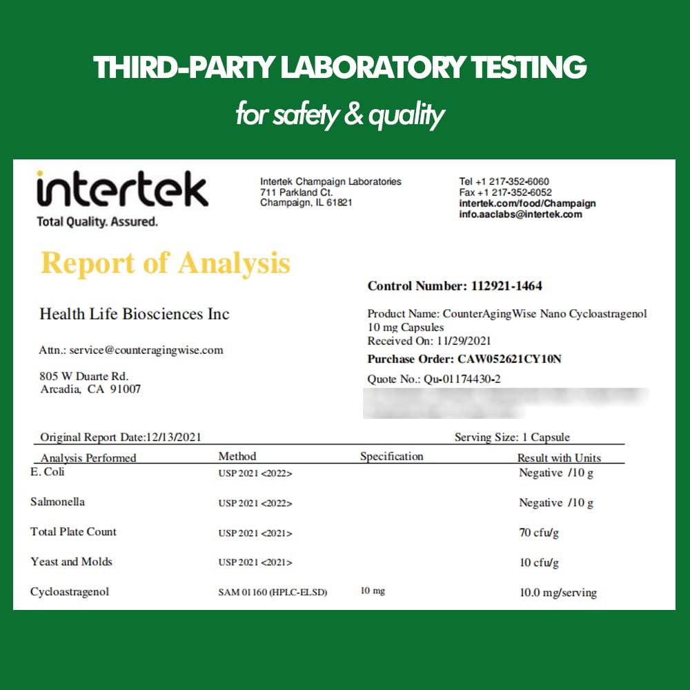 CAW Nano Cycloastragenol purity 99.5 percent label emphasizes high quality ingredient