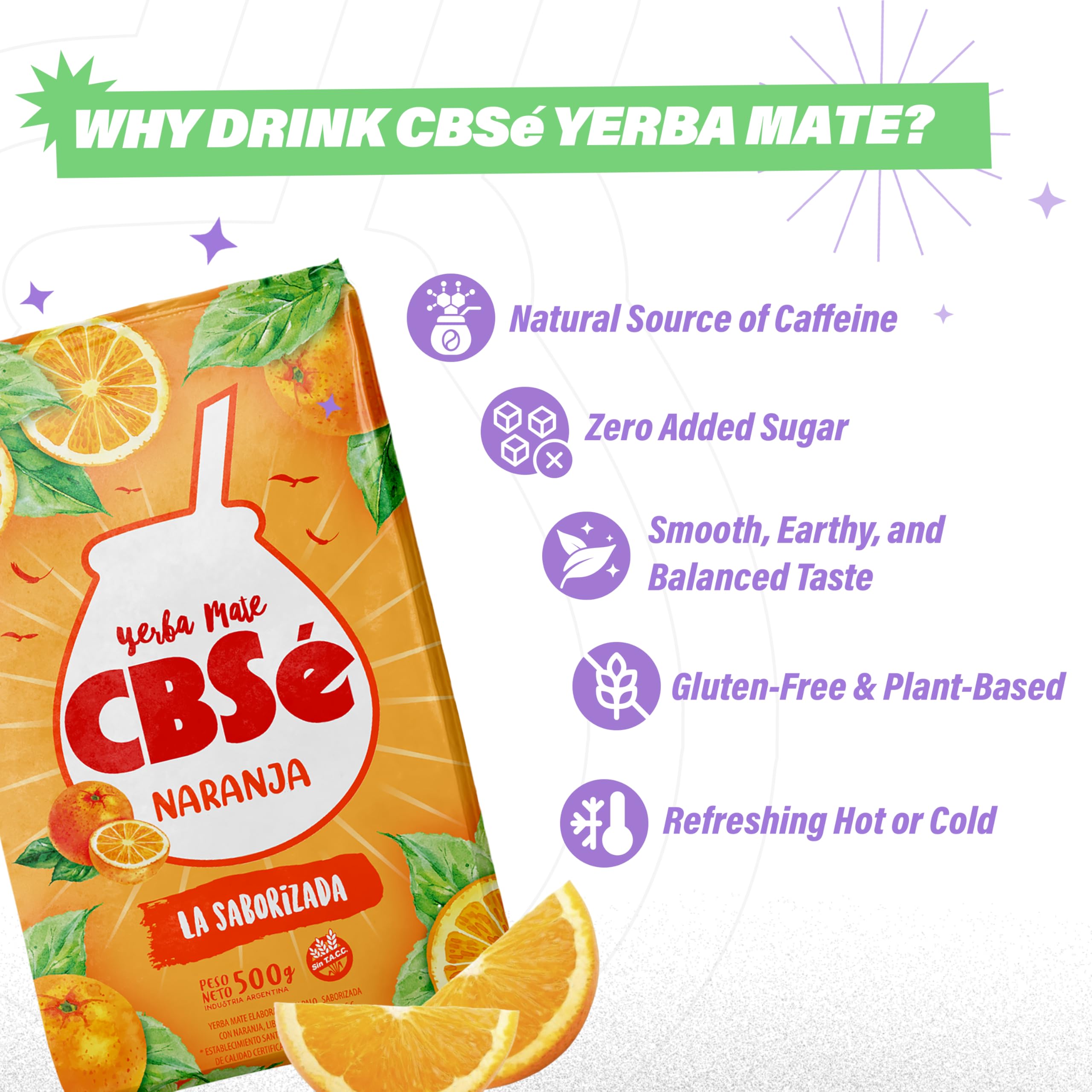 CBSé Orange Flavor packaging highlighting gluten-free and natural caffeine