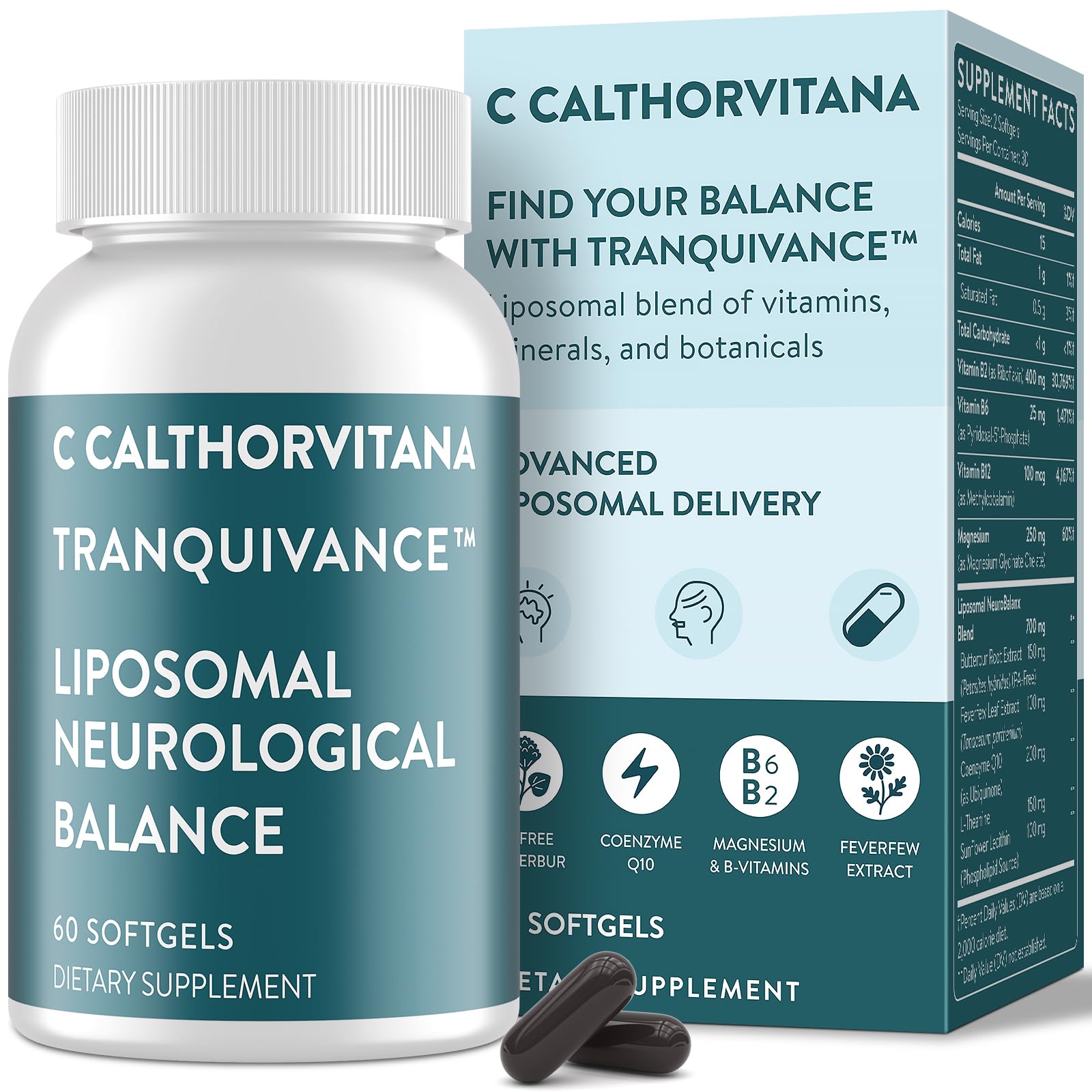 C Calthorvitana migraine relief softgel closeup showing liposomal delivery for potential absorption benefits.