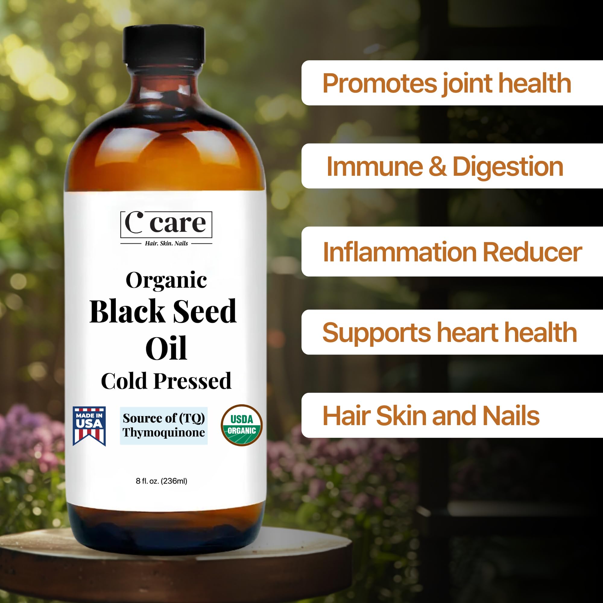 C CARE black seed oil amber glass bottle emphasizes freshness protection.