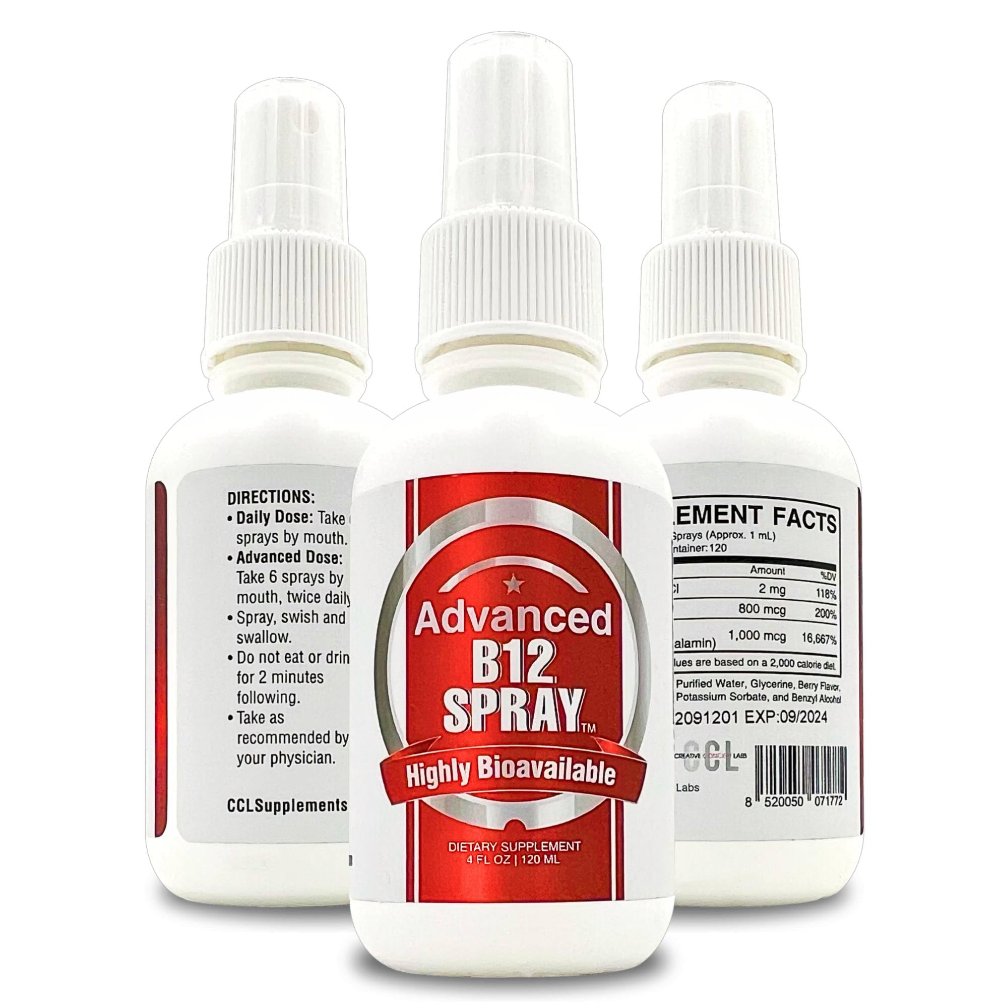 CCL Supplements Vitamin B12 Energy Spray bottle shows easy, on-the-go absorption for quick vitality.