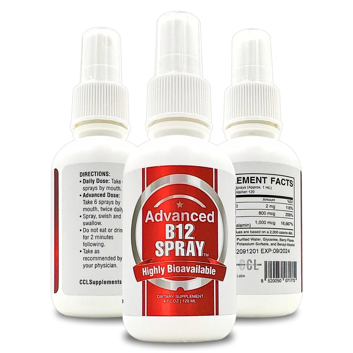 CCL Supplements Vitamin B12 Energy Spray bottle shows easy, on-the-go absorption for quick vitality.