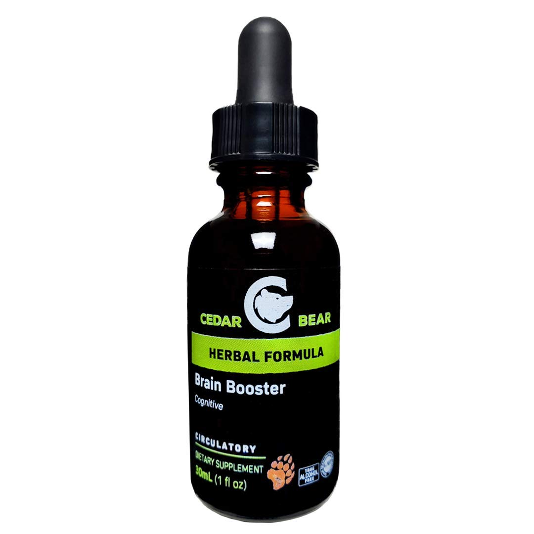 Cedar Bear Brain Booster bottle displays a compact liquid formula for daily focus.