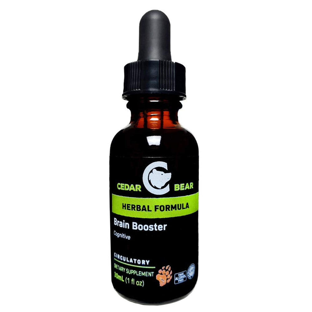 Cedar Bear Brain Booster bottle displays a compact liquid formula for daily focus.