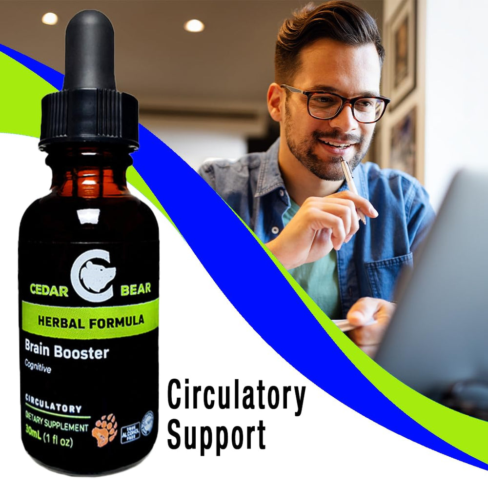 Cedar Bear Brain Booster ingredients scene emphasizes ethically sourced botanicals.