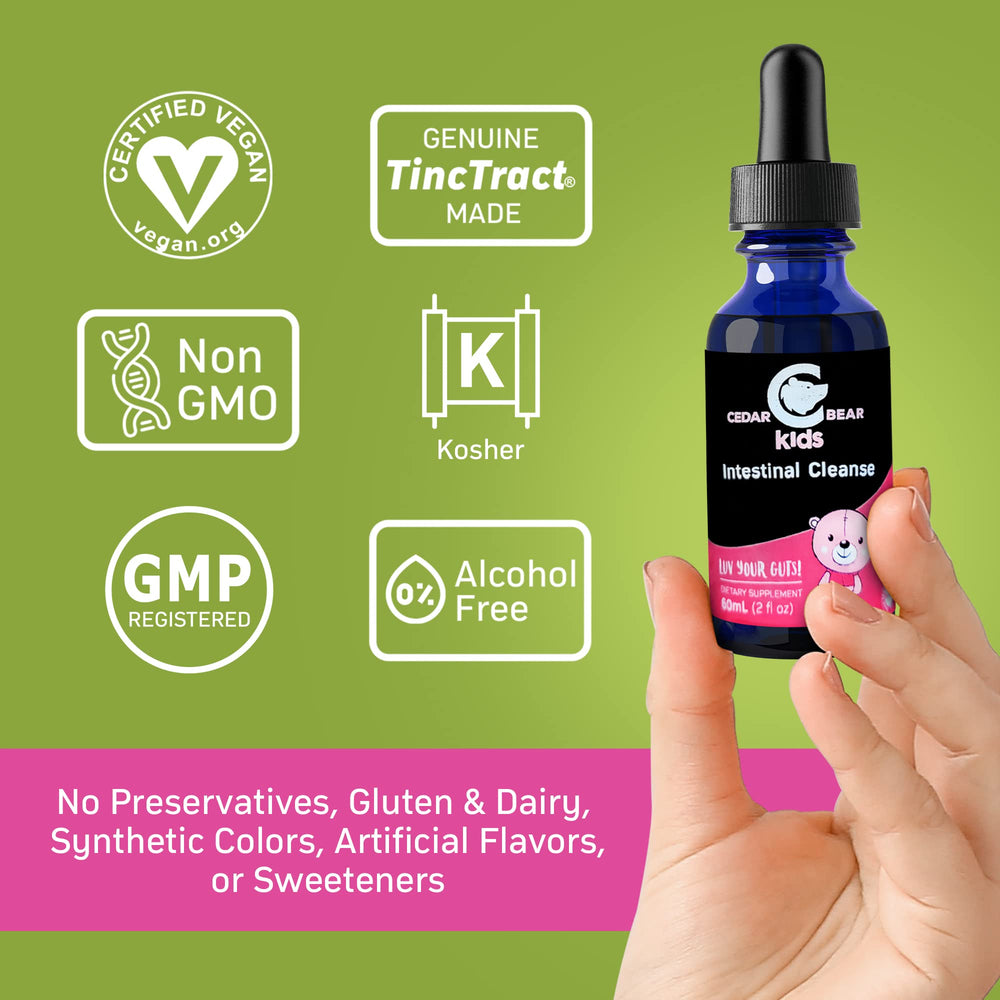 Cedar Bear gluten-free vegan label on kids cleanse bottle communicates dietary compatibility.