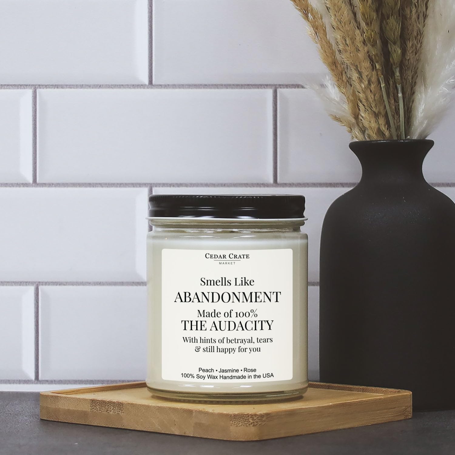CEDAR CRATE MARKET Smells Like Abandonment Candle scent blend: Peach, Jasmine, Rose.
