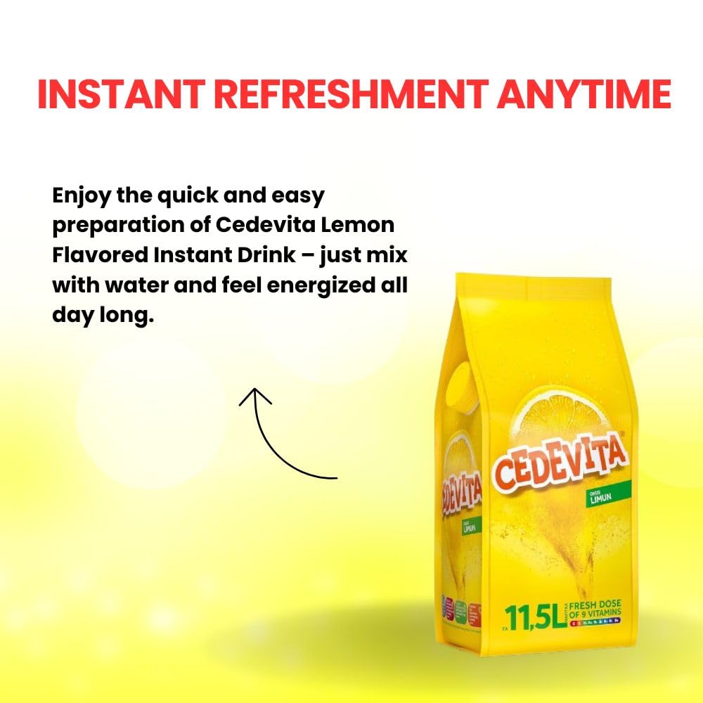 Cedevita Lemon granules dissolving in water with vibrant citrus fizz.