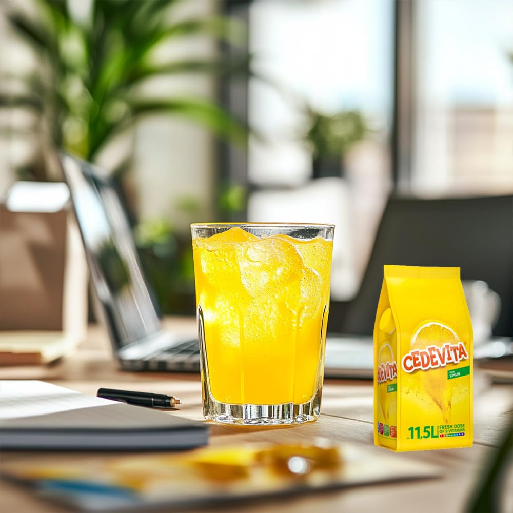 Cedevita serving scoop with lemon drink and bright aroma on display.