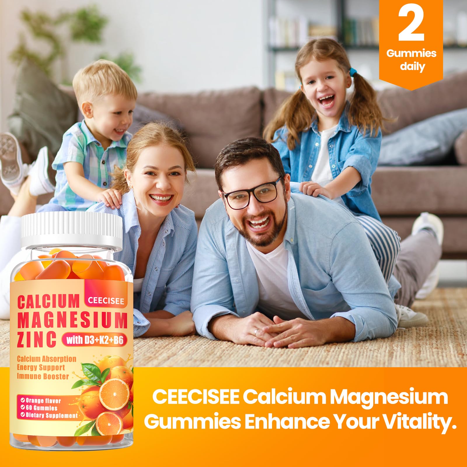 Ceecisee orange-flavored gummies on tray conveying tasty, sugar-free daily supplement option