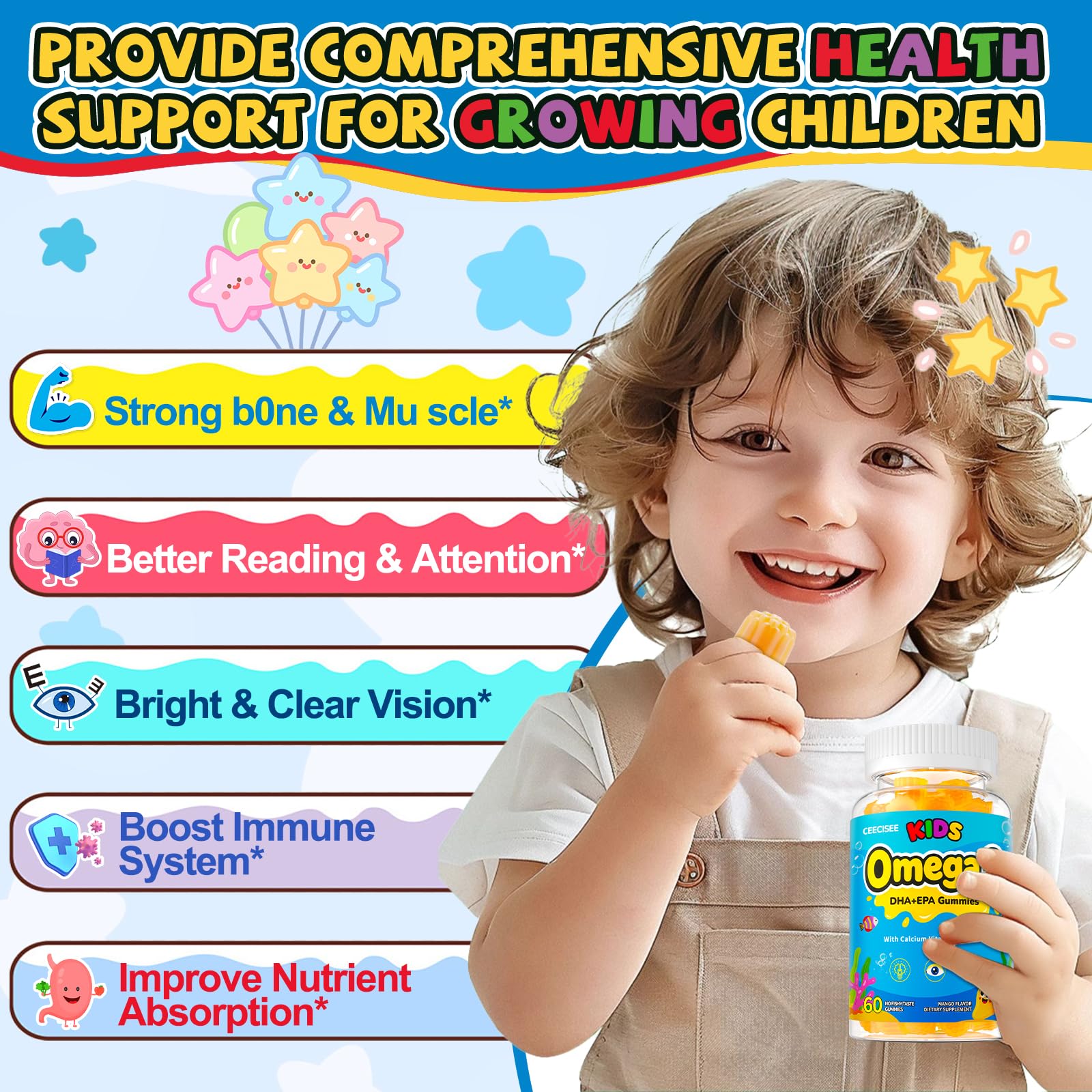 Ceecisee organic kids omega-3 gummies jar—bright bottle for daily routine.