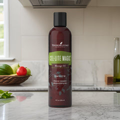 Cel-Lite Magic Massage Oil label close-up shows premium blend.