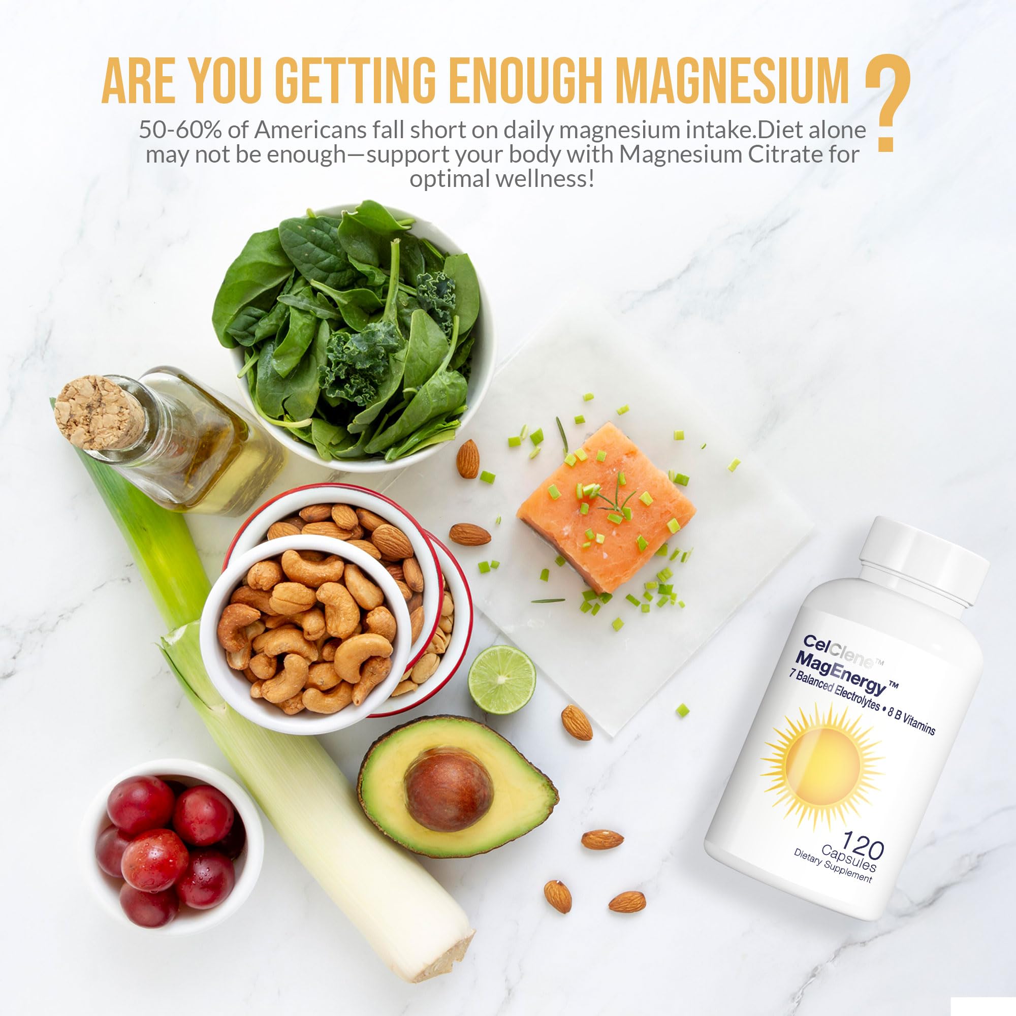 CELCLENE MagEnergy 7 ingredients bottle highlights minerals and vitamins for everyday wellness.
