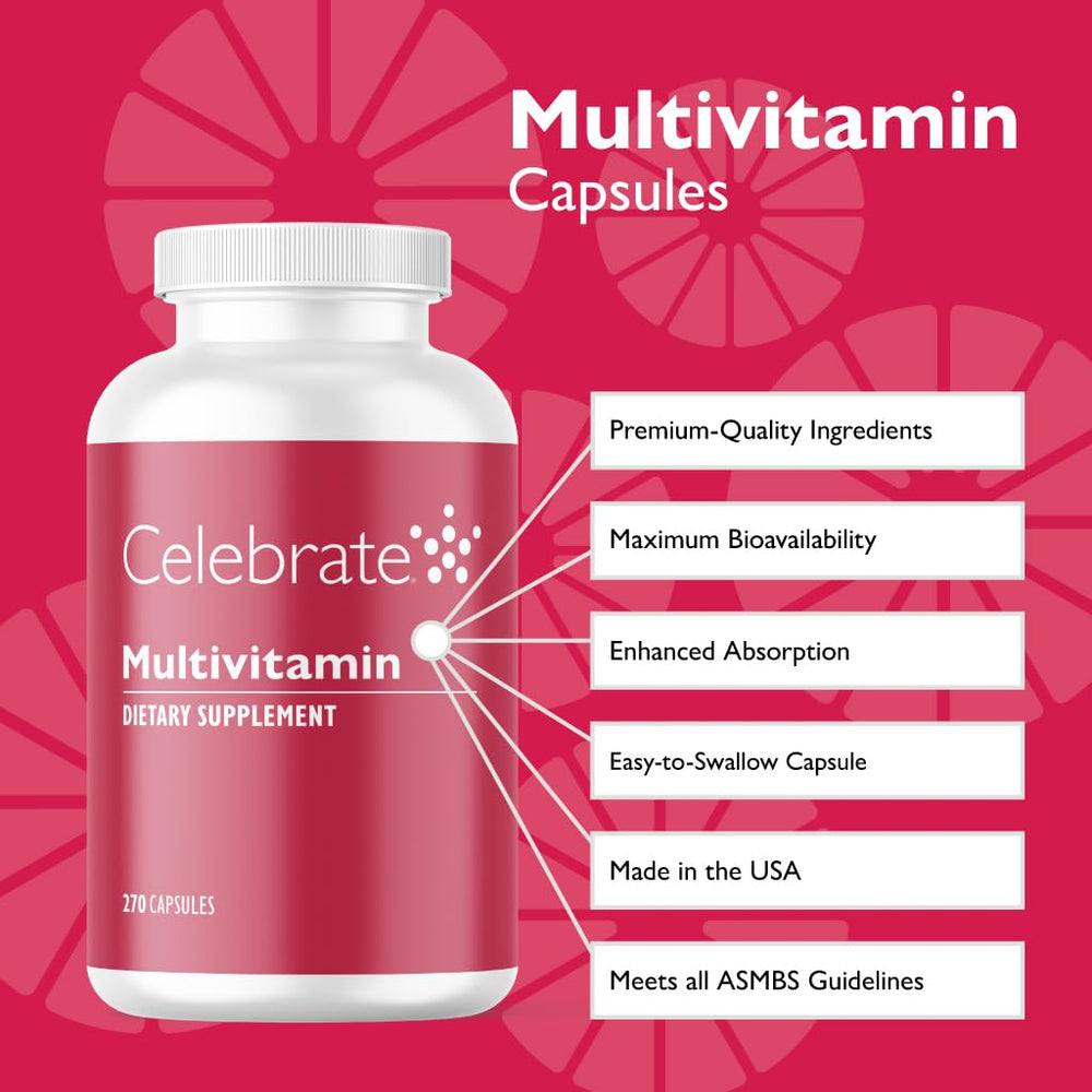 Celebrate Bariatric Multivitamin capsules close-up highlighting easy-to-swallow pills.