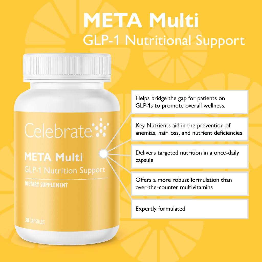 Celebrate Vitamins META Multi GLP-1 capsules closeup highlighting iron and B12 benefits