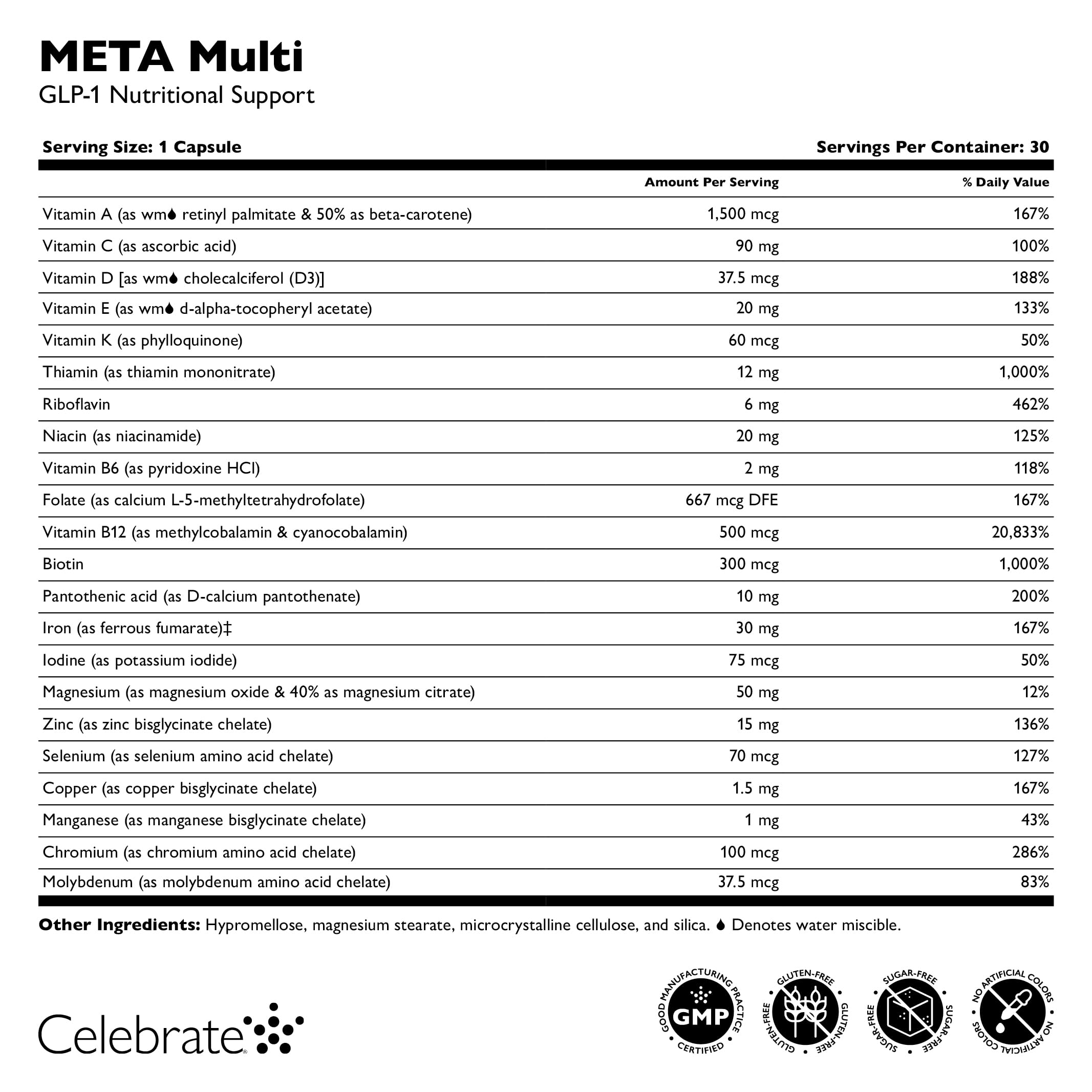 Celebrate Vitamins META Multi GLP-1 daily-use bottle beside planner for nutrient balance