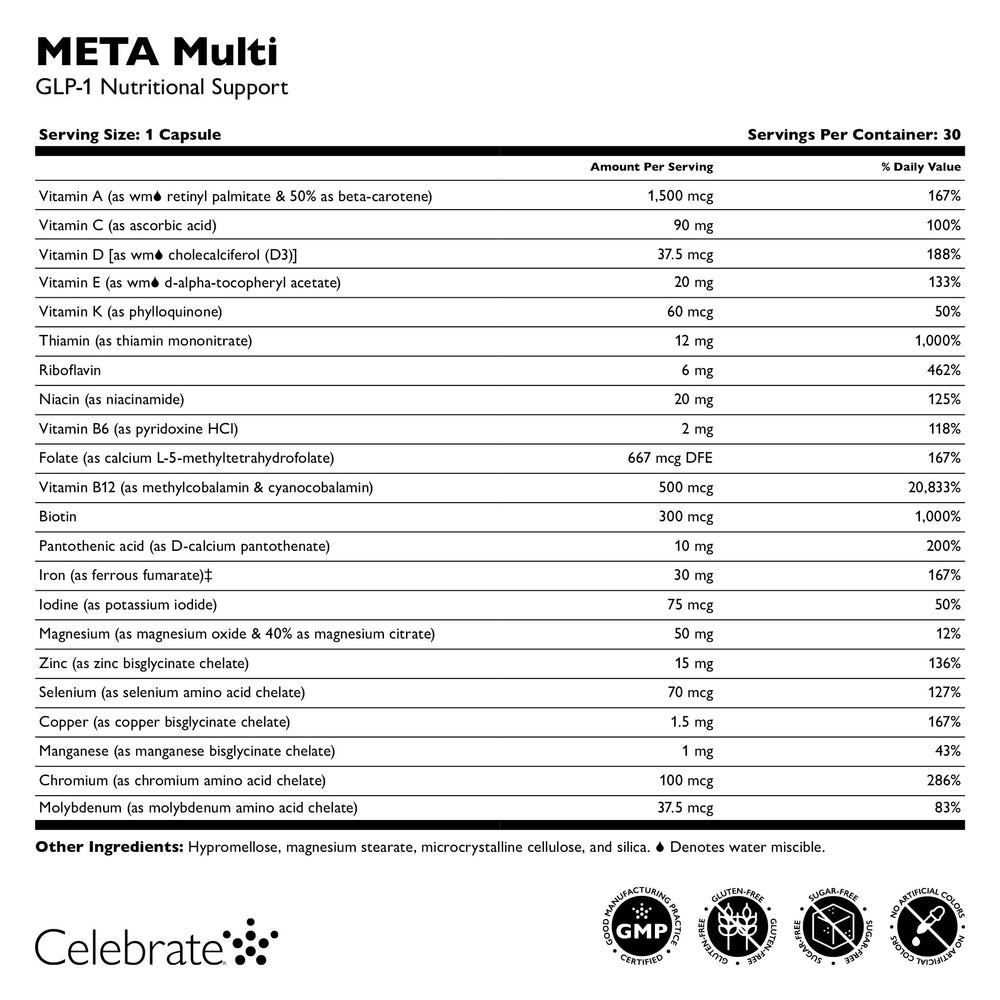 Celebrate Vitamins META Multi GLP-1 daily-use bottle beside planner for nutrient balance