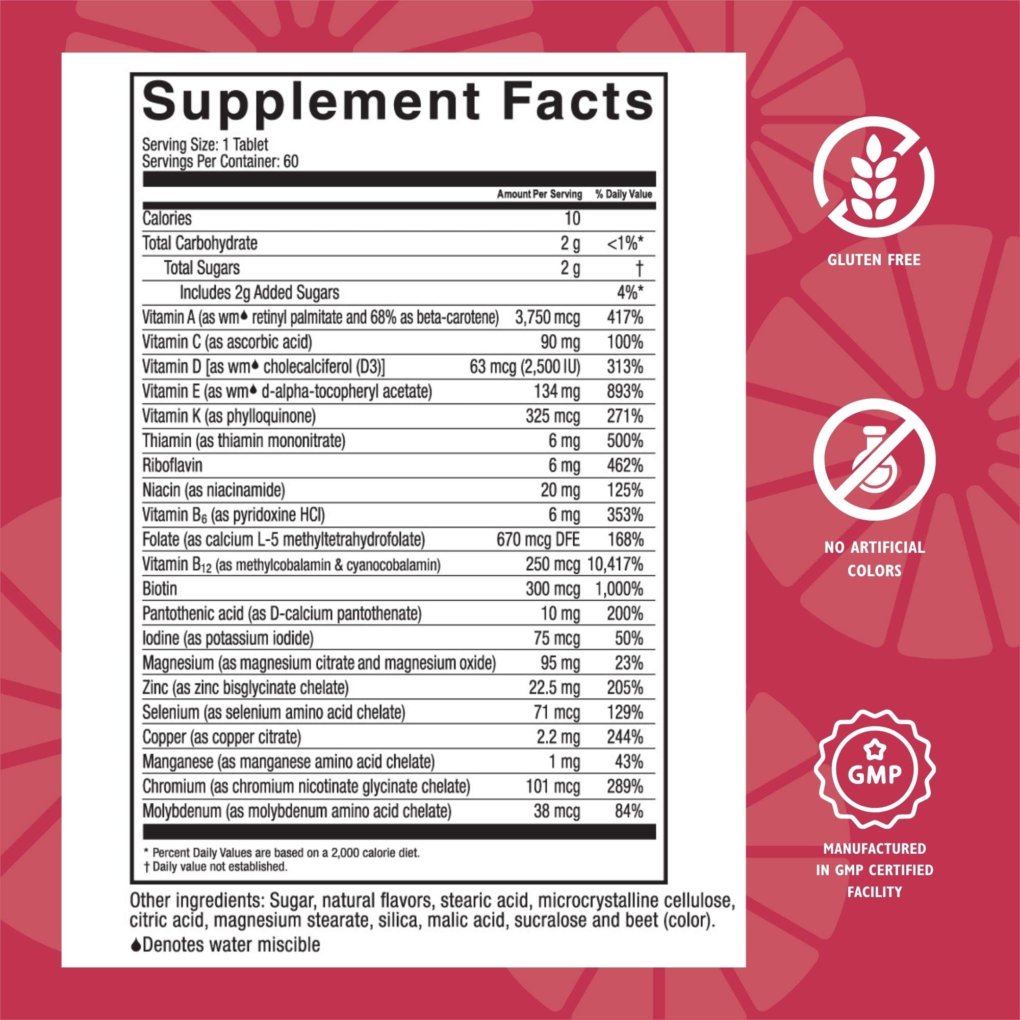 Packaging label for Celebrate Vitamins Multi ADEK chewables highlighting iron-free formula