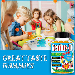 Kid smiling while chewing Genius IQ Kids gummy for calmer study sessions