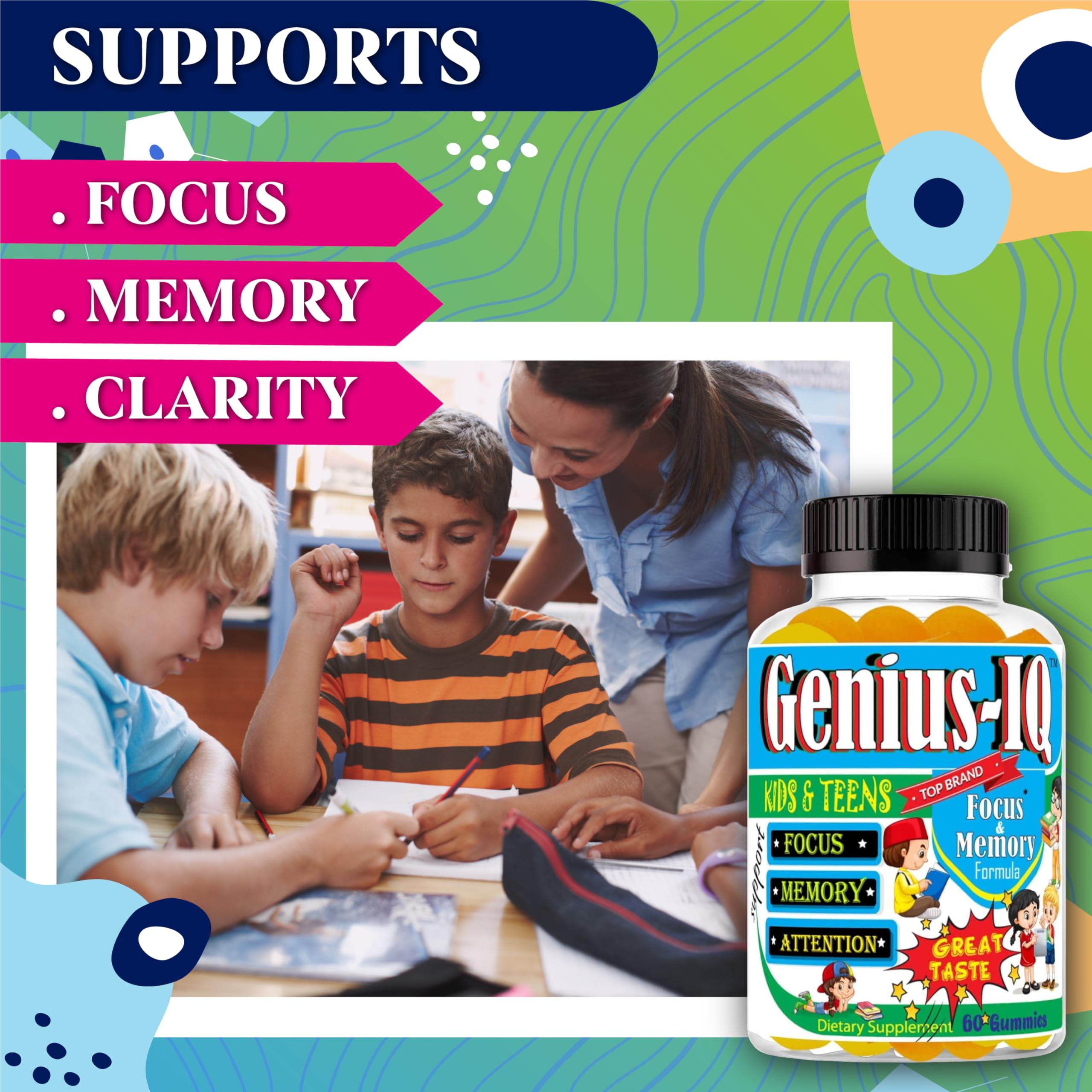Genius IQ Kids gummies in bowl ready for school-day focus support