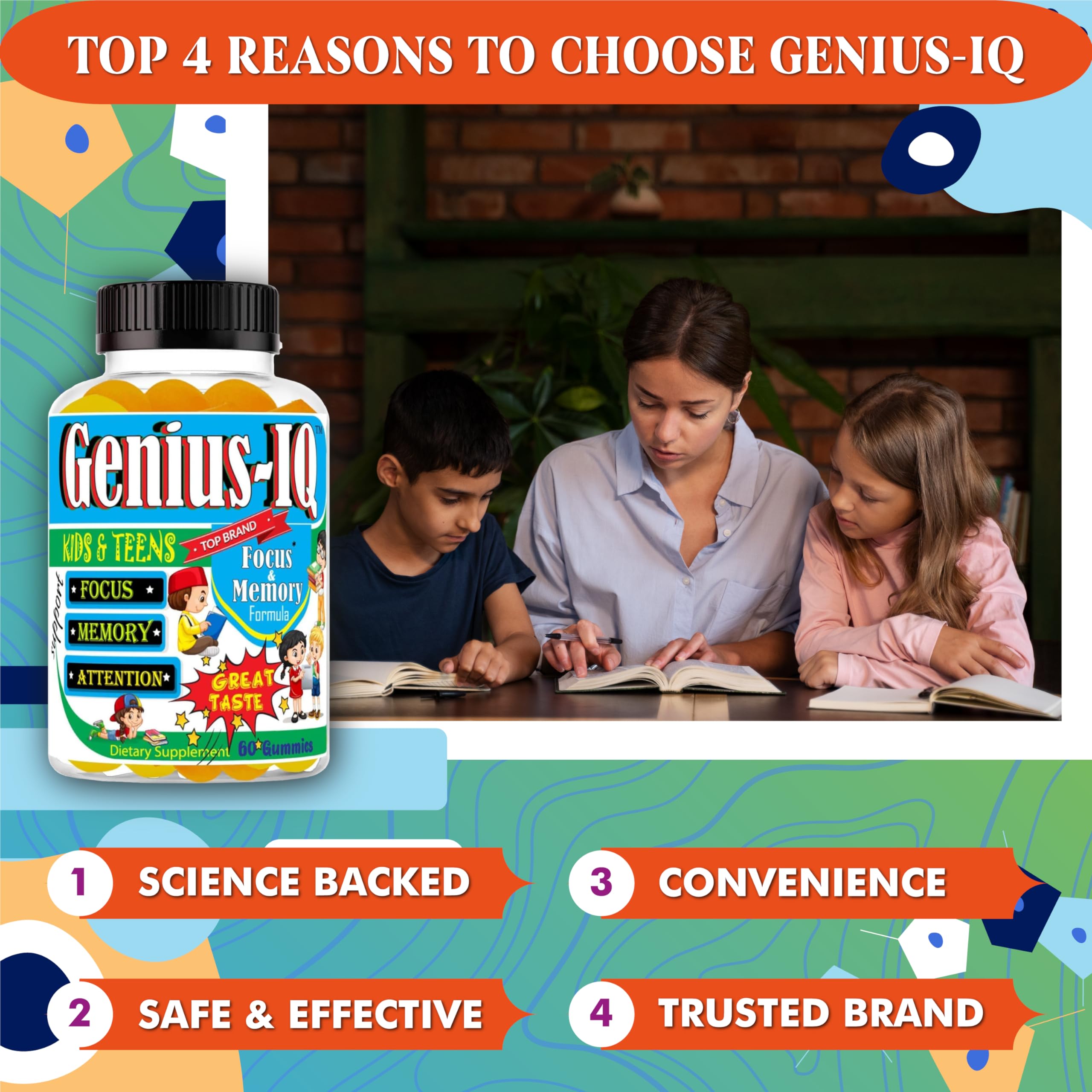 Close-up of Genius IQ Kids label showing DHA EPA omega blend
