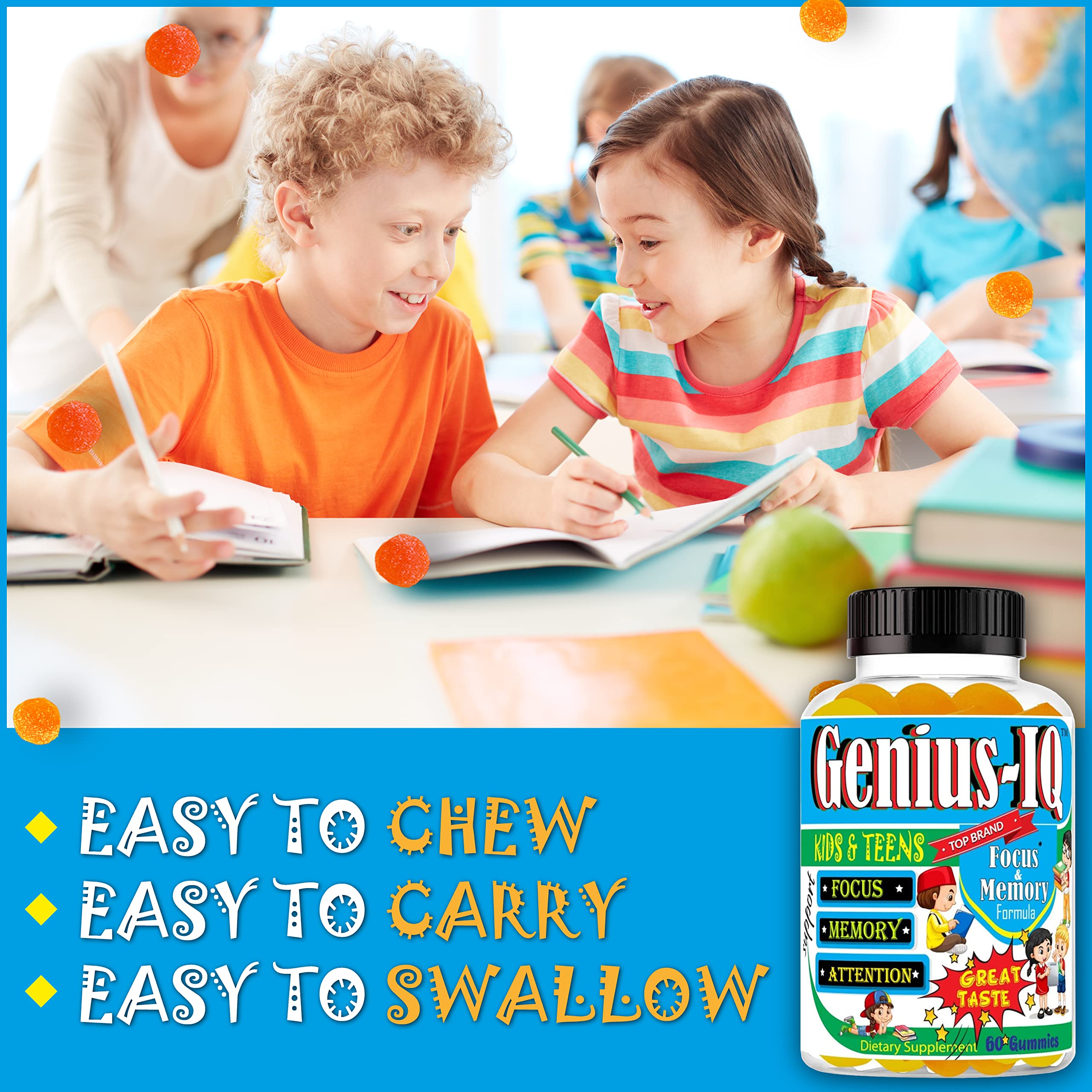 Genius IQ Kids packaging highlighting vegan and caffeine-free formula