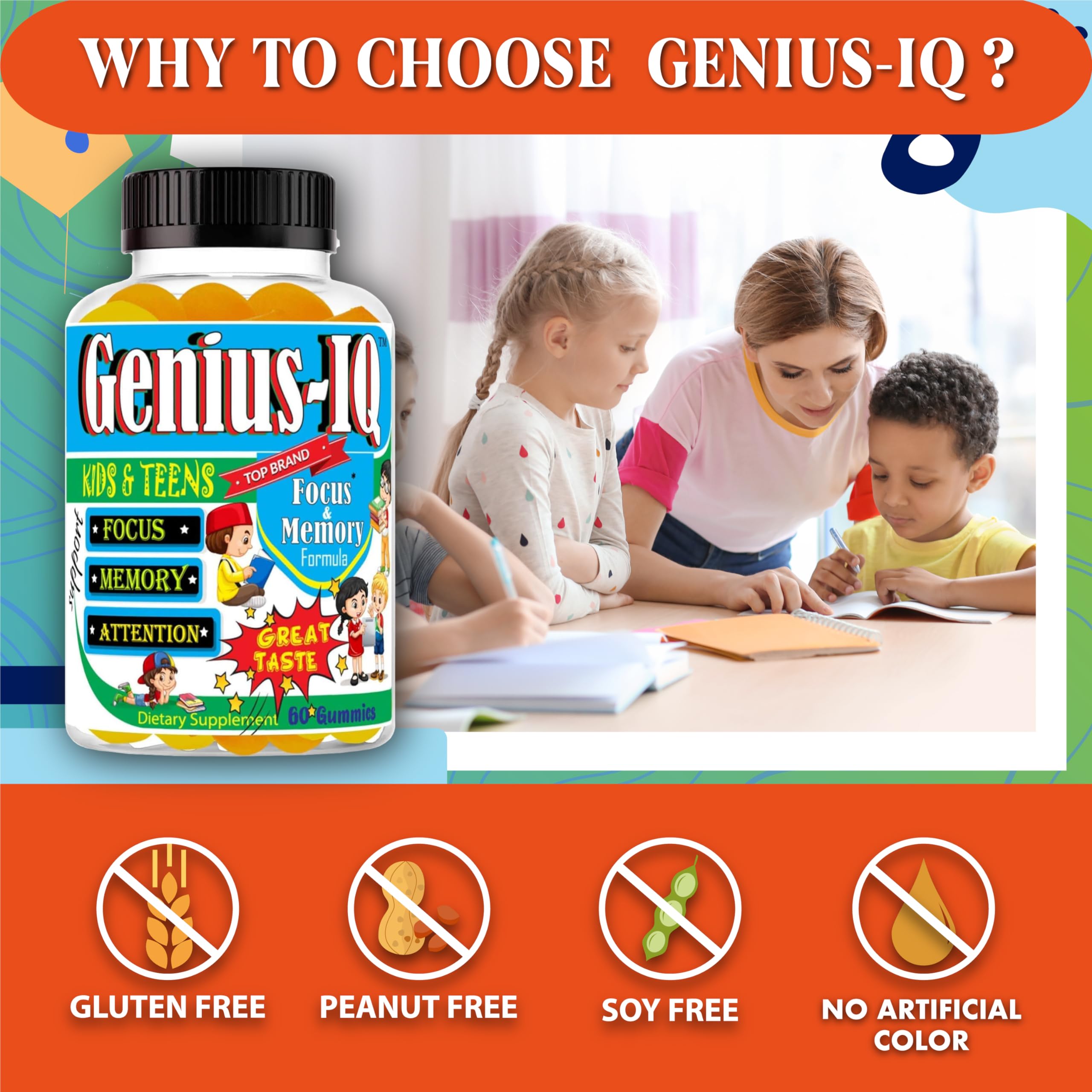 Vegan-friendly badge on Genius IQ Kids bottle label