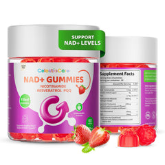 CelestiaCare NAD+ gummies bottle on countertop showing convenient daily energy support