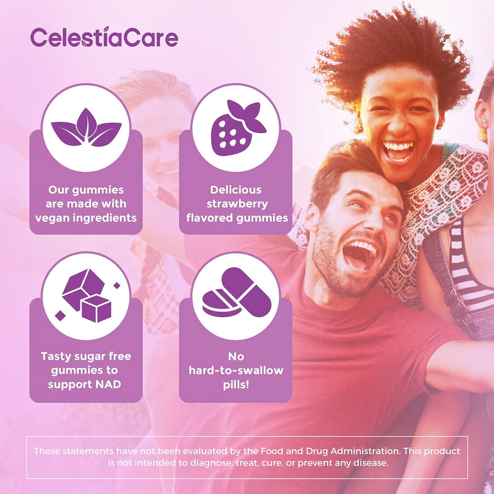 Ingredients panel of CelestiaCare NAD+ gummies with antioxidants