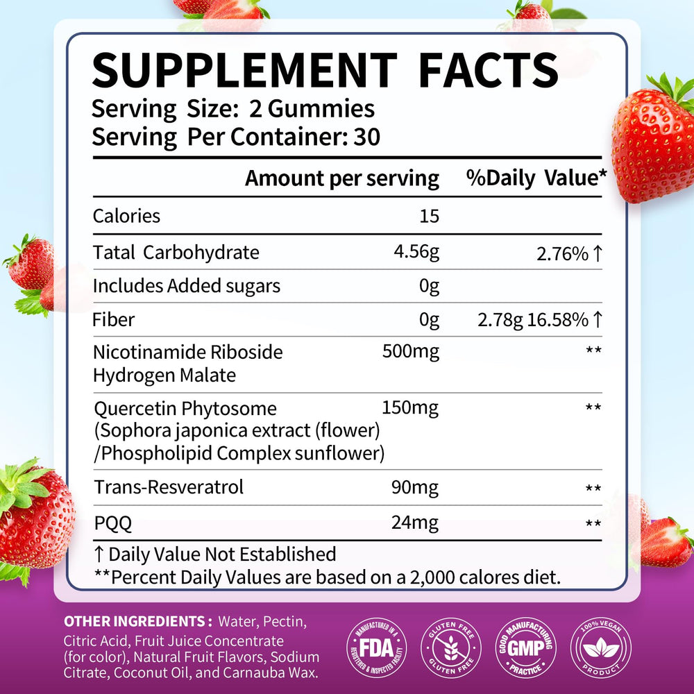 CelestiaCare NAD+ gummies label indicating sugar-free and high-fiber formula