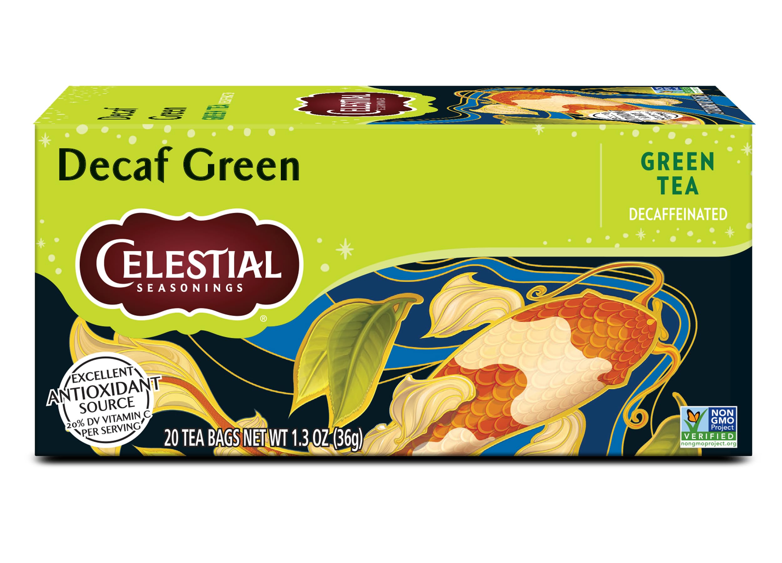 Celestial Seasonings decaf green tea bags in recyclable packaging for eco-friendly brewing.